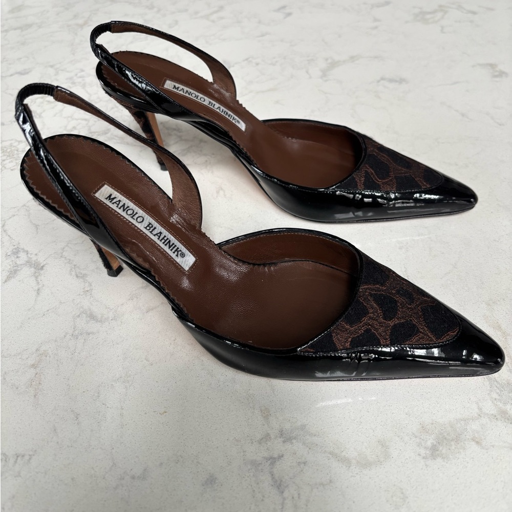 Manolo Blahnik Black and Brown Patterned Slingback Heels